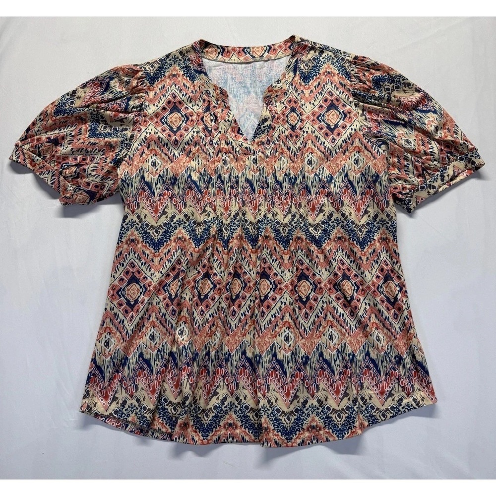 Lomon Blouse Top Womens 2XL Multicolor Geometric Ikat Stretch Split Neck Pleated